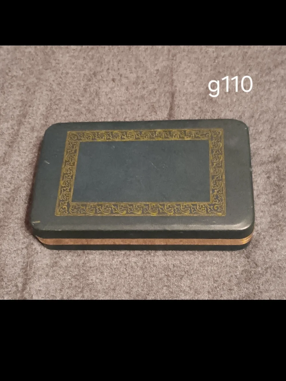 Vintage Rectangular Tin Case in Dark Green with Gold Trim